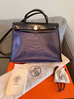 Hermès Herbag 31 Leather Canvas Bleu Electrique Black Palladium Silver Pre-Owned